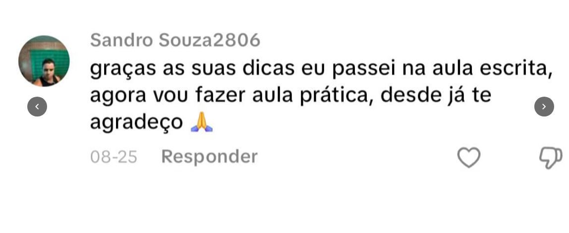 Comentário real agradecendo as dicas após passar na aula escrita