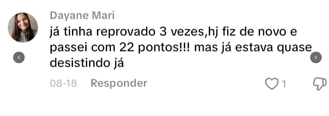 Comentário real de pessoa que passou depois de reprovar três vezes