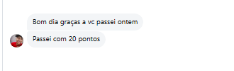 Mensagem recebida no WhatsApp relatando aprovação com 20 pontos